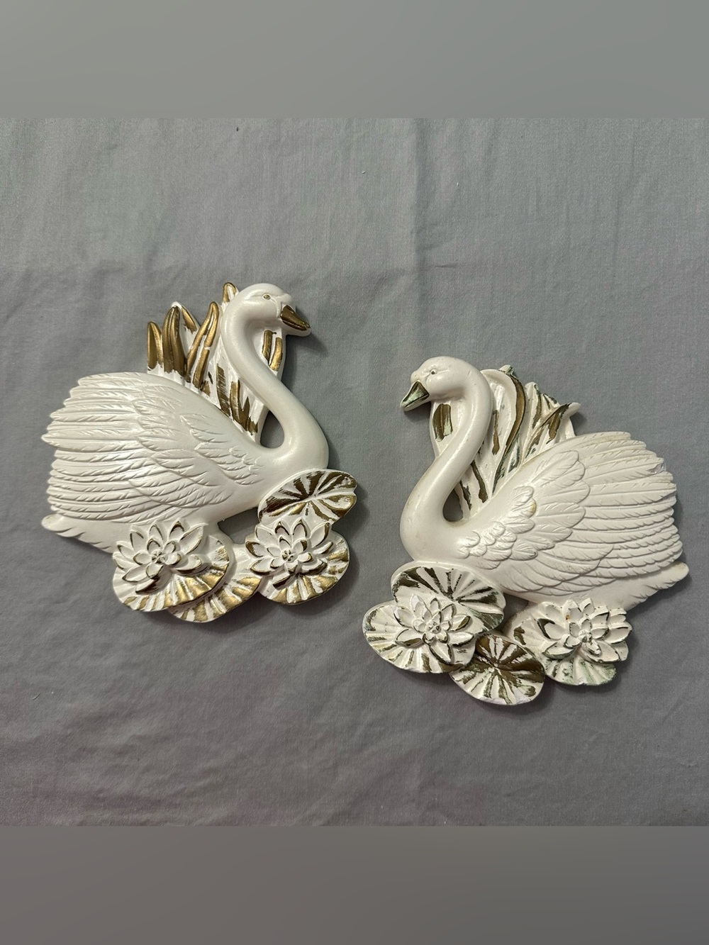 Vtg Swan Wall Plaque Set 3D Water Lilies White Gold Resin Plaster Homco Style